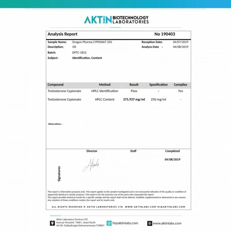 Testosterone Cypionat 250 mg/ml – 10 ml Vial – Dragon Pharma CYPIONAT 250-6